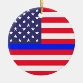 "THIN BLUE LINE ON AMERICAN FLAG" CERAMIC ORNAMENT