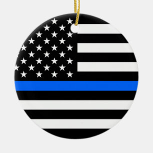 "THIN BLUE LINE ON AMERICAN FLAG" single-sided Ceramic Tree Decoration