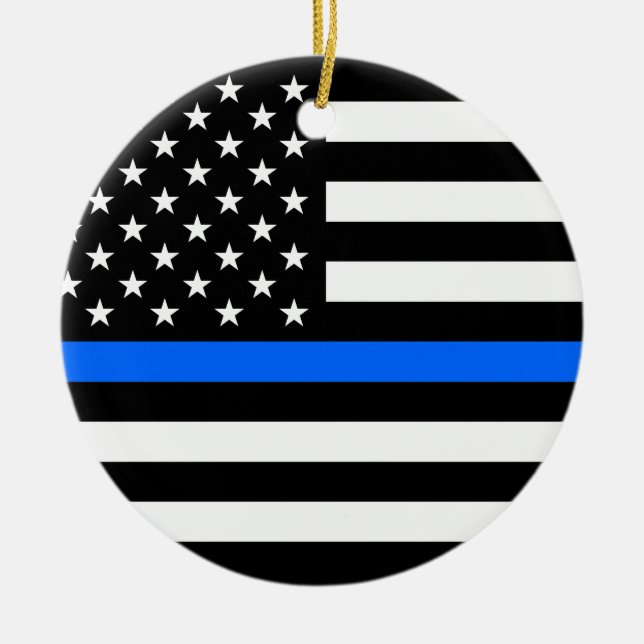 "THIN BLUE LINE ON AMERICAN FLAG" single-sided Ceramic Tree Decoration (Front)