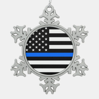 "THIN BLUE LINE ON AMERICAN FLAG" SNOWFLAKE PEWTER CHRISTMAS ORNAMENT