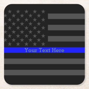 Thin Blue Line Personalised Black US Flag Square Paper Coaster