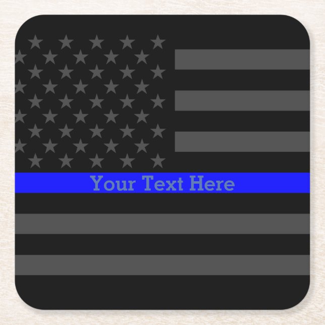 Thin Blue Line Personalised Black US Flag Square Paper Coaster (Front)