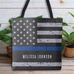 Thin Blue Line Personalised US Flag Police Officer Tote Bag