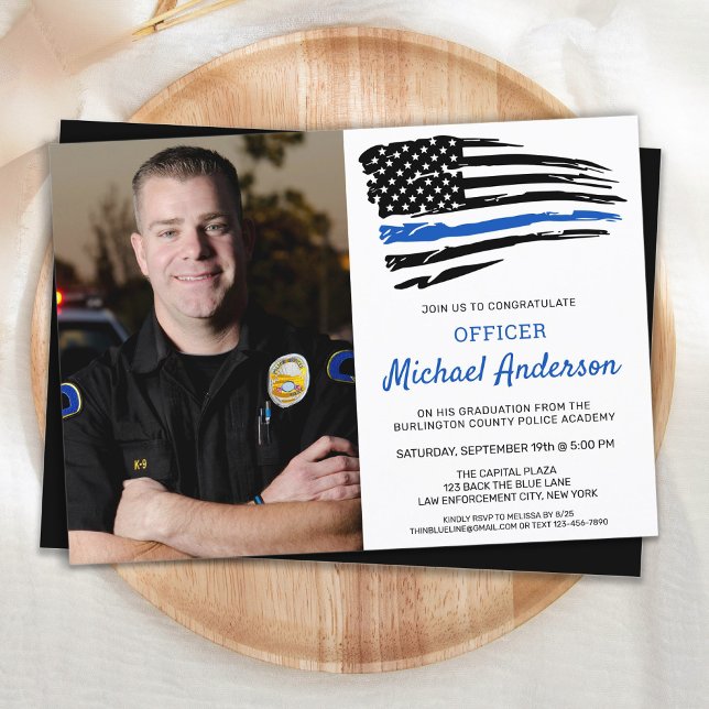 Thin Blue Line Photo Police Officer Graduation Invitation (Creator Uploaded)