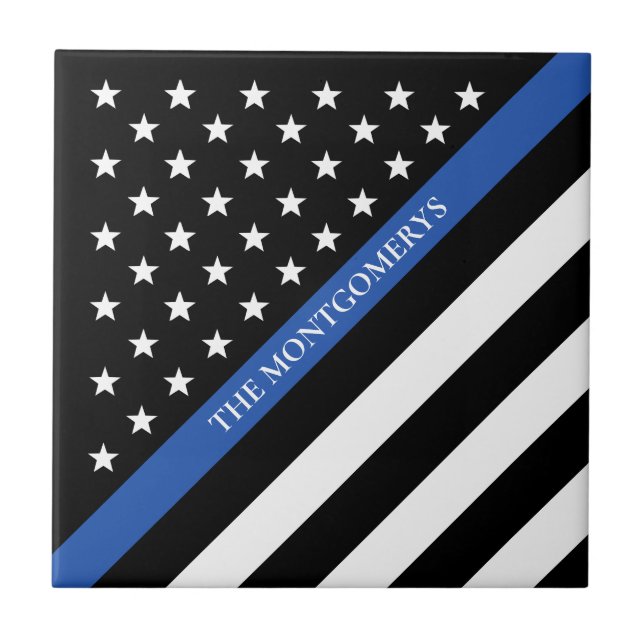 Thin Blue Line Police American Flag Monogram Ceramic Tile (Front)