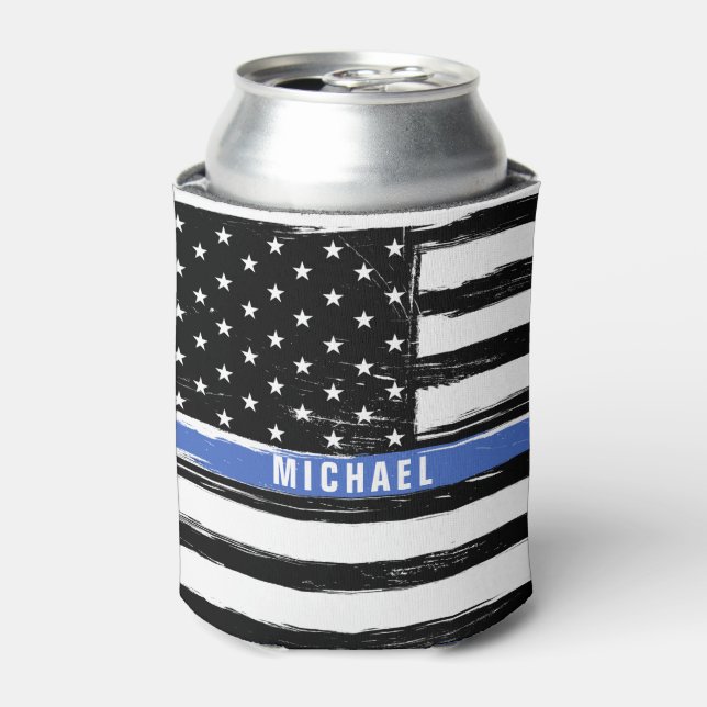 Thin Blue Line Police Flag Grunge Personalised Can Cooler (Can Front)