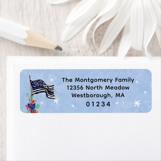 Thin Blue Line Police Flag Holiday Return Address Label (Insitu)