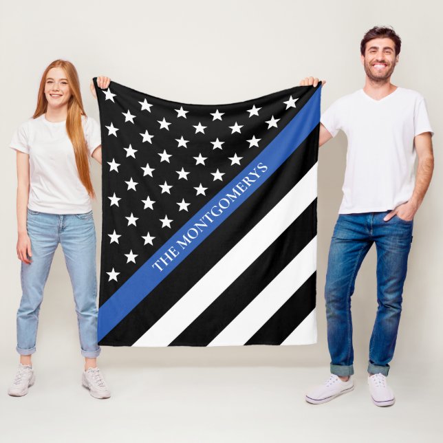 Thin Blue Line Police Flag Monogram Name Fleece Blanket (In Situ)
