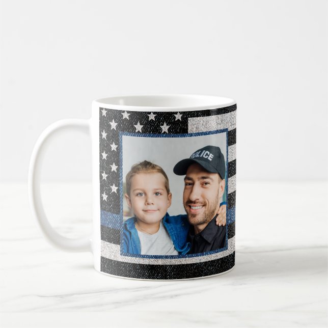 Thin Blue Line Police Flag Photo Monogram Coffee Mug (Left)