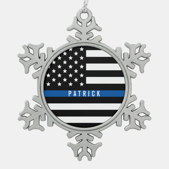Thin Blue Line Police Monogrammed Name Snowflake Pewter Christmas Ornament (Front)