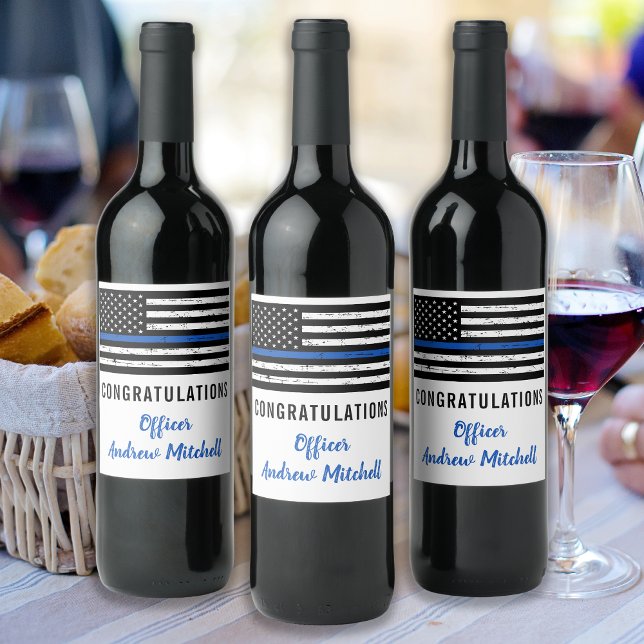 Thin Blue Line Police Officer Congratulations Wine Label (Creator Uploaded)