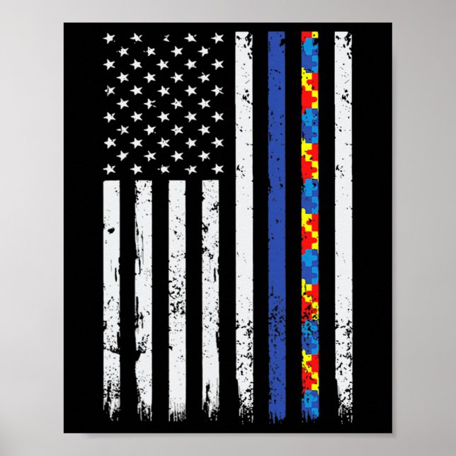 Thin Blue Line Police Support Autism 4th July Mum  Poster (Front)