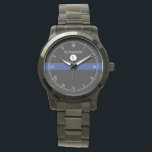 Thin Blue Line Serviceman Watch<br><div class="desc">An elegant monogram black,  white,  blue stripe watch with a spot for your gift recipient's name and last name initial monogram. A great gift for anyone who is a part of the police force,  currently serving or retired.</div>