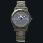 Thin Blue Line Serviceman Watch<br><div class="desc">An elegant monogram black, white, blue stripe watch with a spot for your gift recipient's name and last name initial monogram. A great gift for anyone who is a part of the police force, currently serving or retired.</div>