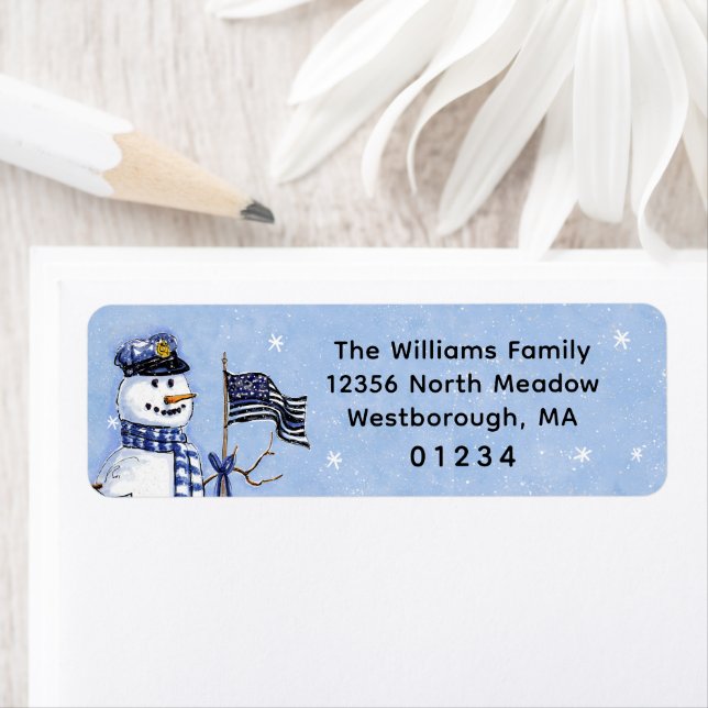 Thin Blue Line Snowman Holiday Return Address Label (Insitu)
