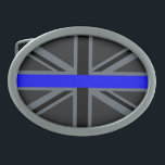 Thin Blue Line Union Jack Design Oval Belt Buckle<br><div class="desc">A Thin Blue Line symbol on a bold black Union Jack British Flag design all over motif. A design statement that is sure to make an impression on formal and casual occasions as well. A great last minute gift for yourself or for someone special on your list. Designs are available...</div>