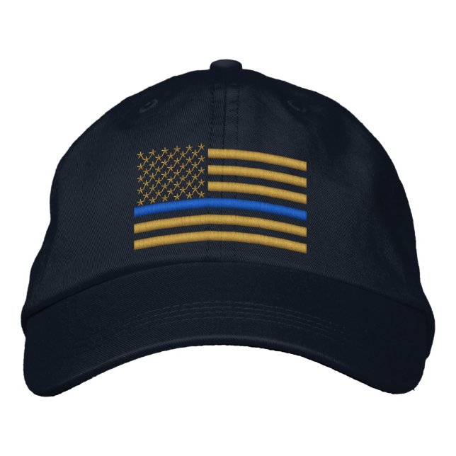 Thin Blue Line US Flag in Gold Embroidered Hat (Front)