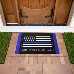 Thin Blue Line USA & American Flag police Welcome Doormat