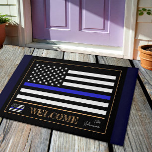Thin Blue Line USA & American Flag police Welcome  Doormat