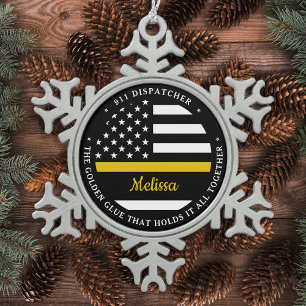 Thin Gold Line Custom Golden Glue 911 Dispatcher  Snowflake Pewter Christmas Ornament
