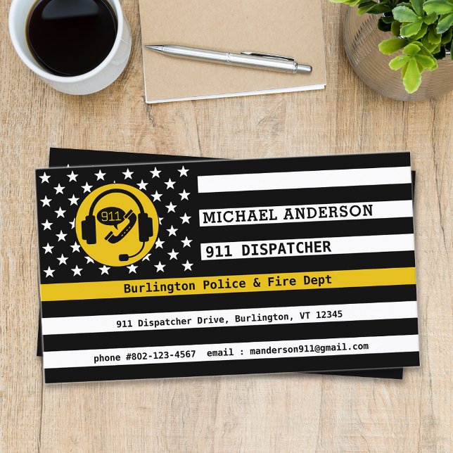 Thin Gold Line Flag Custom Logo 911 Dispatcher Business Card (Creator Uploaded)