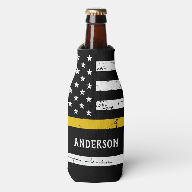 Thin Gold Line Flag Personalised 911 Dispatcher Bottle Cooler (Bottle Front)