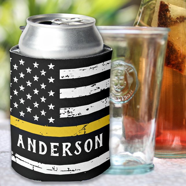 Thin Gold Line Flag Personalised 911 Dispatcher Can Cooler (Creator Uploaded)