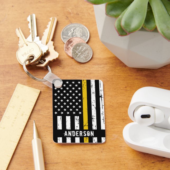 Thin Gold Line Flag Rustic Personalised Dispatcher Key Ring (Desk)