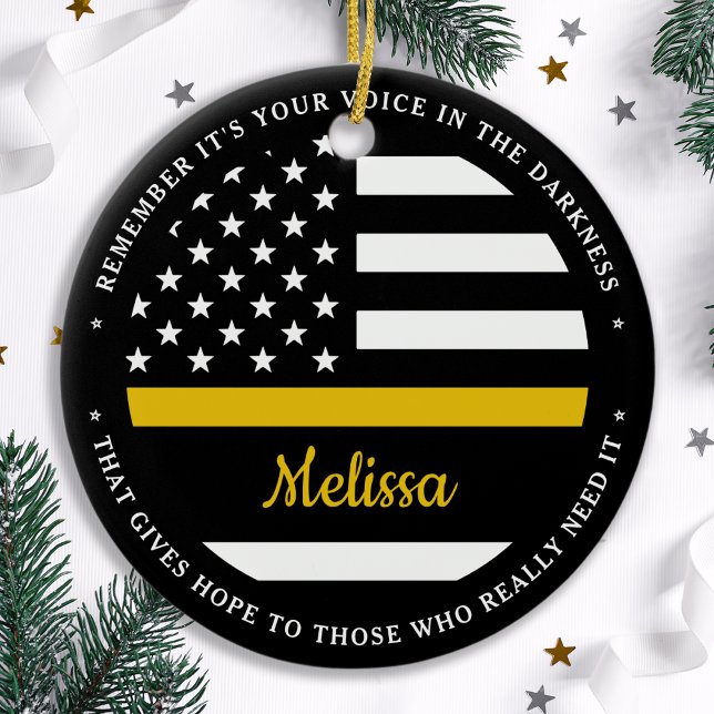 Thin Gold Line Personalized Flag 911 Dispatcher Ceramic Ornament (Creator Uploaded)