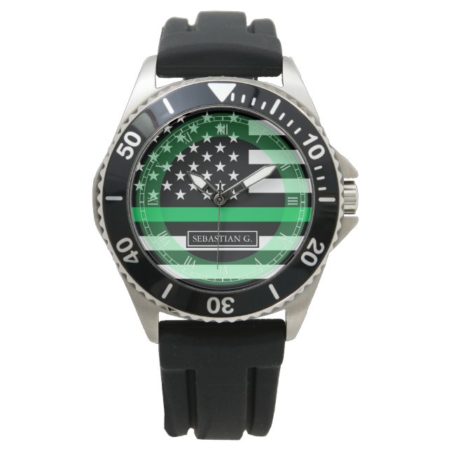 Thin Green Line Flag Custom Name Watch (Front)