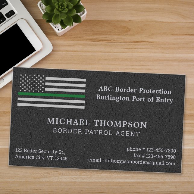 Thin Green Line Flag Faux Leather Border Agent Business Card (Creator Uploaded)