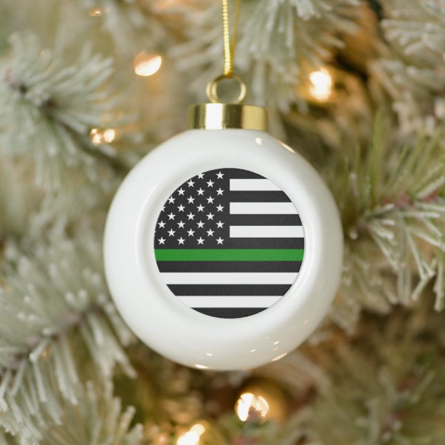 Thin Green Line Flag: Patriotic Military Veterans Ceramic Ball Christmas Ornament (Tree)