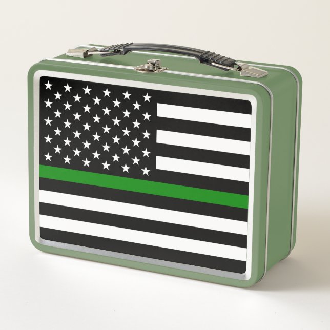 Thin Green Line Flag: Patriotic Military Veterans Metal Lunch Box (Front)
