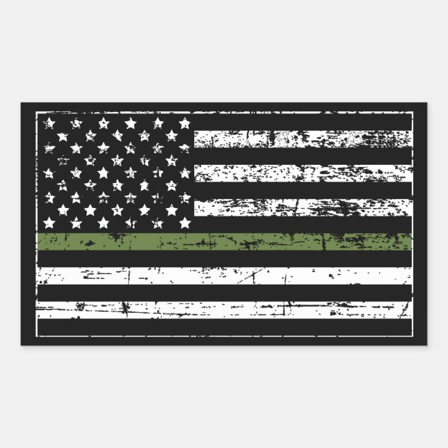 Thin Green Line Military US Flag Distressed Style Rectangular Sticker (Front)