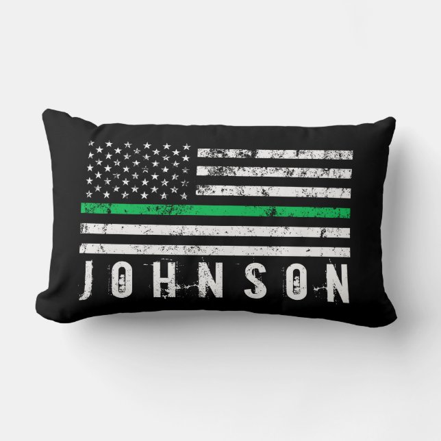 Thin Green Line Styled American Flag Custom Name Lumbar Cushion (Front)