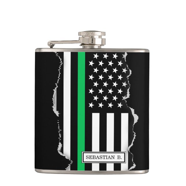 Thin Green Line | USA Flag Torn Out Look Hip Flask (Front)