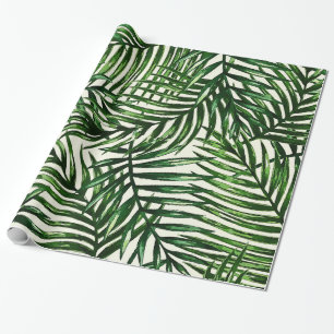 Thin Green Tropical Leaves on White Wrapping Paper