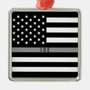 Thin Grey Line American Flag Monogram Metal Ornament