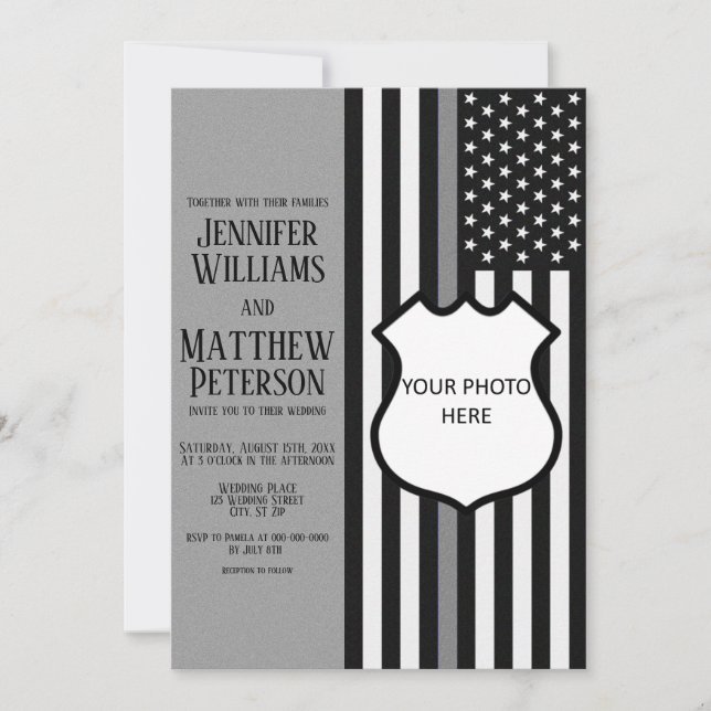 Thin Grey Line Badge Photo Insert Invitation (Front)