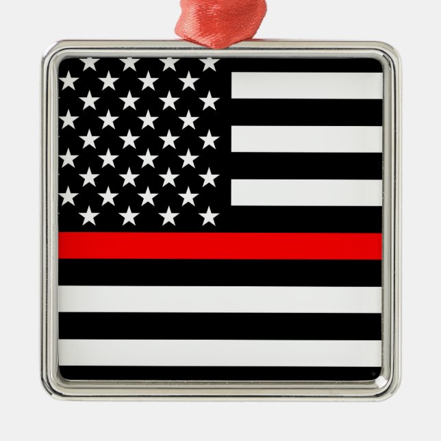 Thin Red Line American Flag Black and White Metal Ornament (Front)