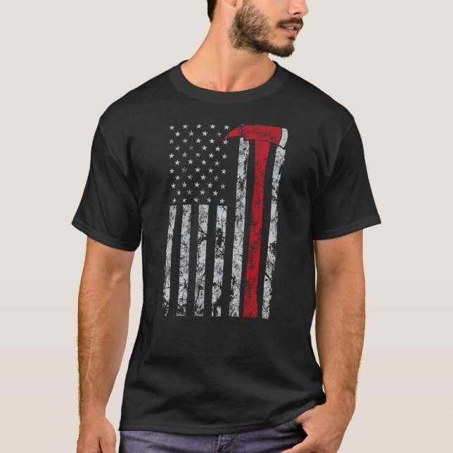 Thin red line Axe American flag Patriot Firefighte T-Shirt (Front)