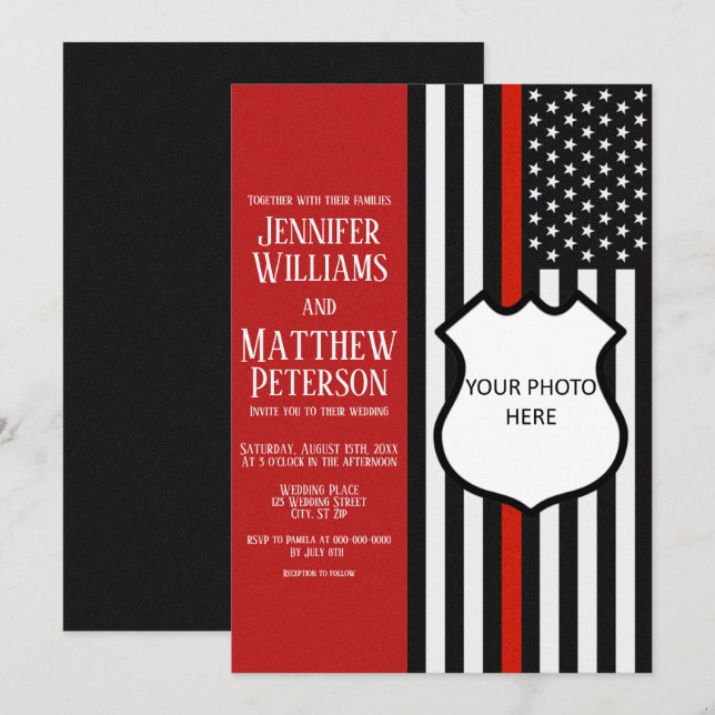 Thin Red Line Badge Photo Insert Invitation (Front/Back)