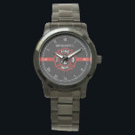 Thin Red Line Custom Name Fire Rescue Serviceman Watch<br><div class="desc">An elegant black, white, and red stripe watch with a spot for your gift recipient's name. Underneath this is a classic fire rescue Maltese Cross symbol resting inside the centre of the watch. A great gift for anyone who is a part of a fire rescue team, currently serving or retired....</div>