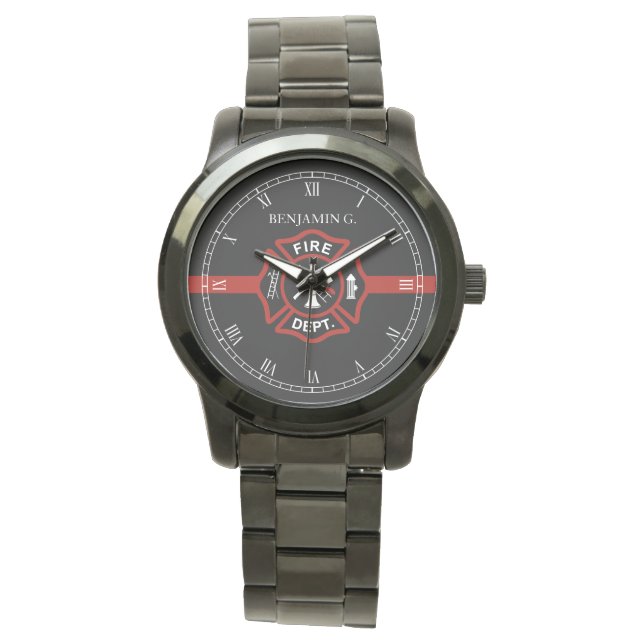 Thin Red Line Custom Name Fire Rescue Serviceman Watch (Front)