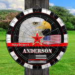 Thin Red Line darts, American Flag, fireman / USA Dartboard<br><div class="desc">Personalised Dartboard featuring custom "name   message" with Eagle and Thin Red Line American Flag (USA) - firefighters / fire service personnel themed - love my country,  fathers day,  retirement,  awards / patriots</div>