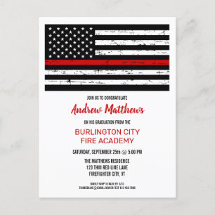 Thin Red Line Firefighter Fire Academy Graduation Invitation Postcard