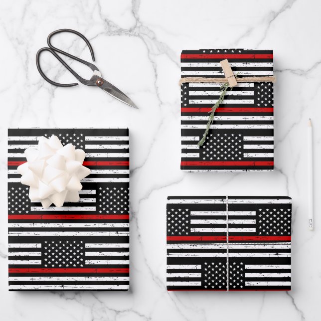 Thin Red Line Fireman Flag Retirement Firefighter Wrapping Paper Sheet (Front)