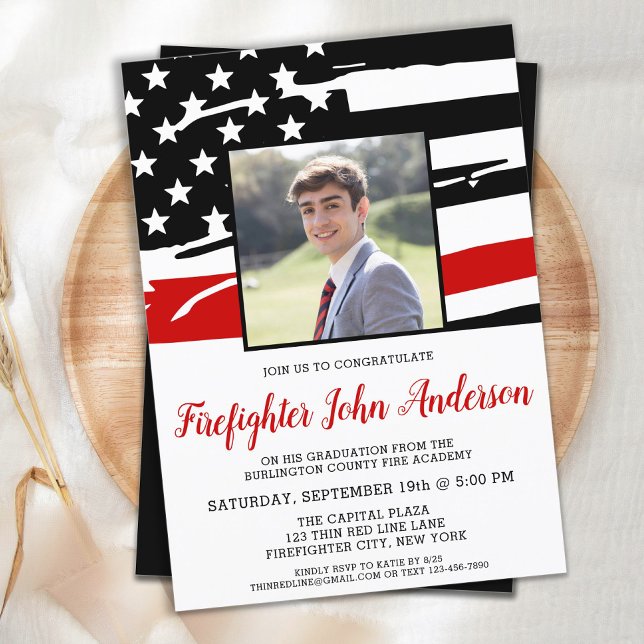 Thin Red Line Fireman Photo Firefighter Graduation Invitation (Creator Uploaded)