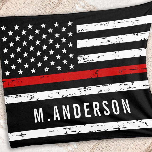 Thin Red Line Flag Personalised Name Firefighter Fleece Blanket (Creator Uploaded)