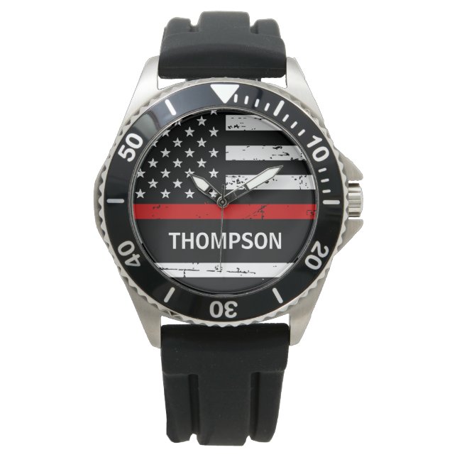 Thin Red Line Flag Personalised Name Firefighter  Watch (Front)